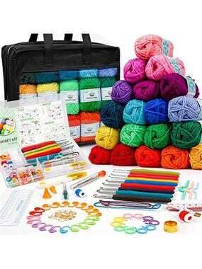 103 Pc Crochet Kit Yarn Hooks Needles Set Beginner Starter Bag Kids Adults Craft